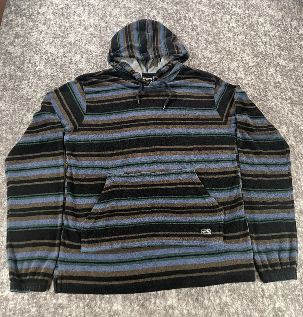 Billabong Mens Striped Pullover Hoodie Terry Cloth Drawstring Blue Size M Y2K